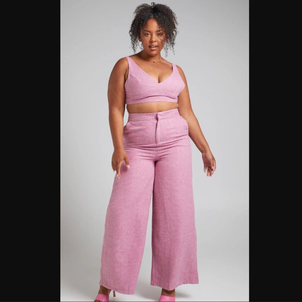 Showpo Adelaide Pink Tweed Two Piece Set Crop Top and Wide Leg Pants Set 16 NWT